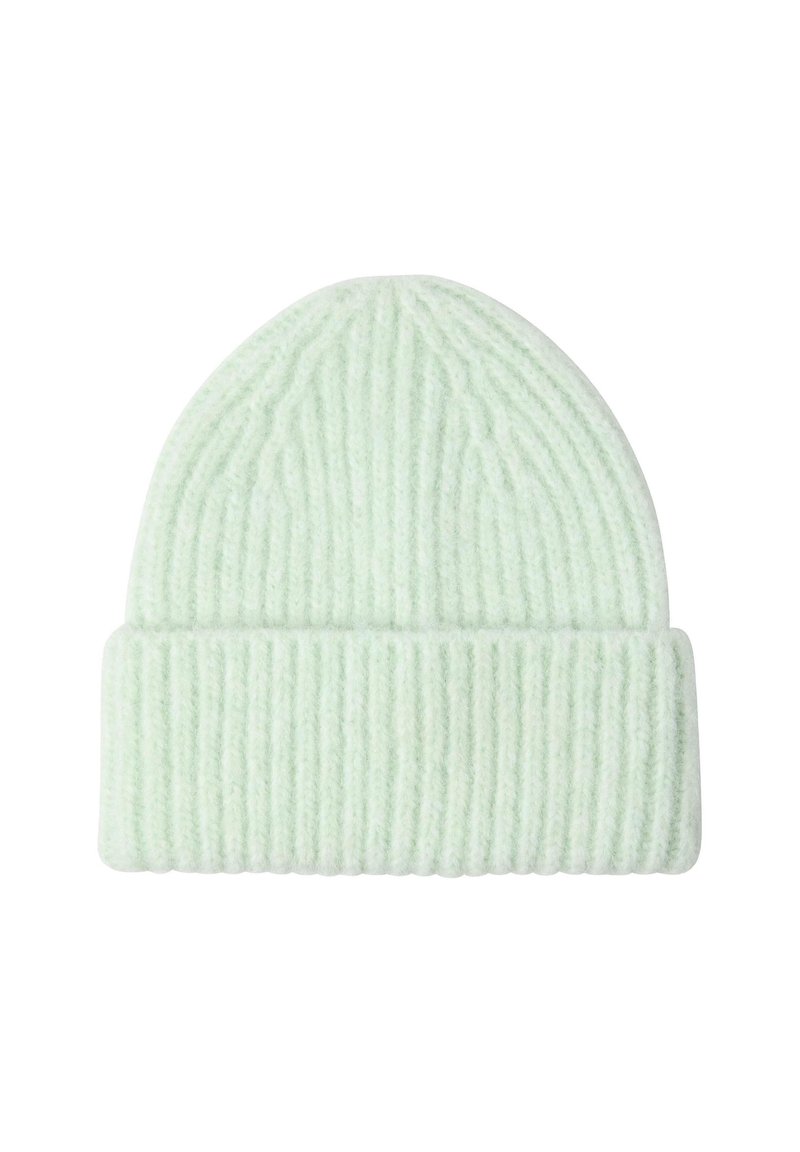 Berretto lavorato a maglia verde chiaro con texture a coste, dotato di risvolto per una vestibilità regolabile e un aspetto morbido e accogliente.