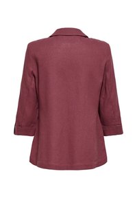 Blazer rouge foncé pour femme avec manches trois-quarts, vu de dos sur un fond blanc.