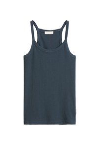 Canotta in cotone blu navy con spalline sottili, texture liscia, scollatura tonda e dettagli di cucitura lungo i bordi.