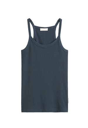 Navy blue cotton tank top with thin straps, smooth texture, rounded neckline, and stitching accents along the edges.