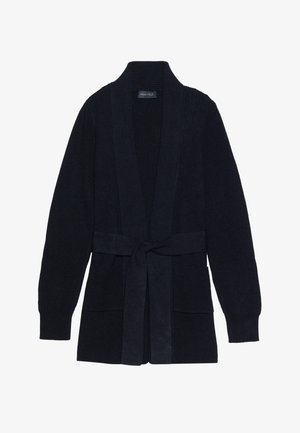 Cardigan nero a coste con collare a scialle, maniche lunghe e cintura da annodare in vita. Include due tasche frontali per maggiore praticità.