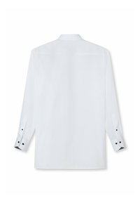 Weißes Langarmhemd mit klassischem Kragen, das schwarze Knopfdetails an den Manschetten und eine strukturierte Innenausstattung im Kragen aufweist.