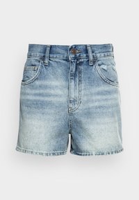 Denim shorts in light blue with a faded wash. Features five pockets, a button closure, and frayed accents on the hem.