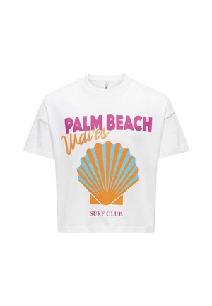 T-shirt blanc avec texte rose "PALM BEACH", texte orange "Waves", motif coquillage bleu et orange et petit texte rose "SURF CLUB".