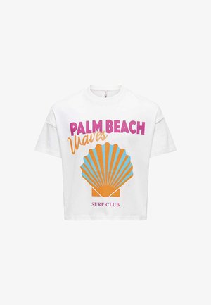 T-shirt blanc avec texte rose "PALM BEACH", texte orange "Waves", motif coquillage bleu et orange et petit texte rose "SURF CLUB".