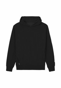 Schwarzer Kapuzenpullover mit Kordelzug, Raglanärmeln, Seitentaschen und gerippten Bündchen. Hergestellt aus einem weichen, strukturierten Stoff.