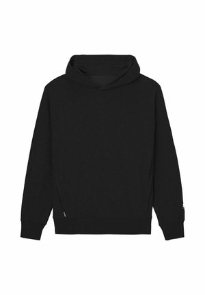 Black hoodie featuring a drawstring hood, raglan sleeves, side pockets, and ribbed cuffs. Made from a soft, textured fabric.