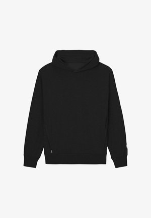 Black hoodie featuring a drawstring hood, raglan sleeves, side pockets, and ribbed cuffs. Made from a soft, textured fabric.
