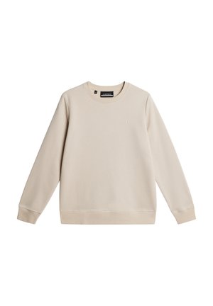 Sweatshirt à col rond en tissu beige clair ; présente des poignets côtelés, un ourlet droit et un logo en relief à l'avant.