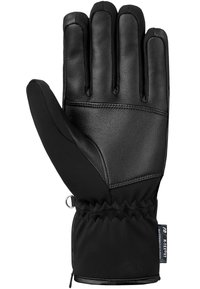 Zwarte handschoenen met leer op de vingers en de bovenkant, en een zachte stoffen palm. Verstelbare manchet met elastiek en een kleine lus voor bevestiging.