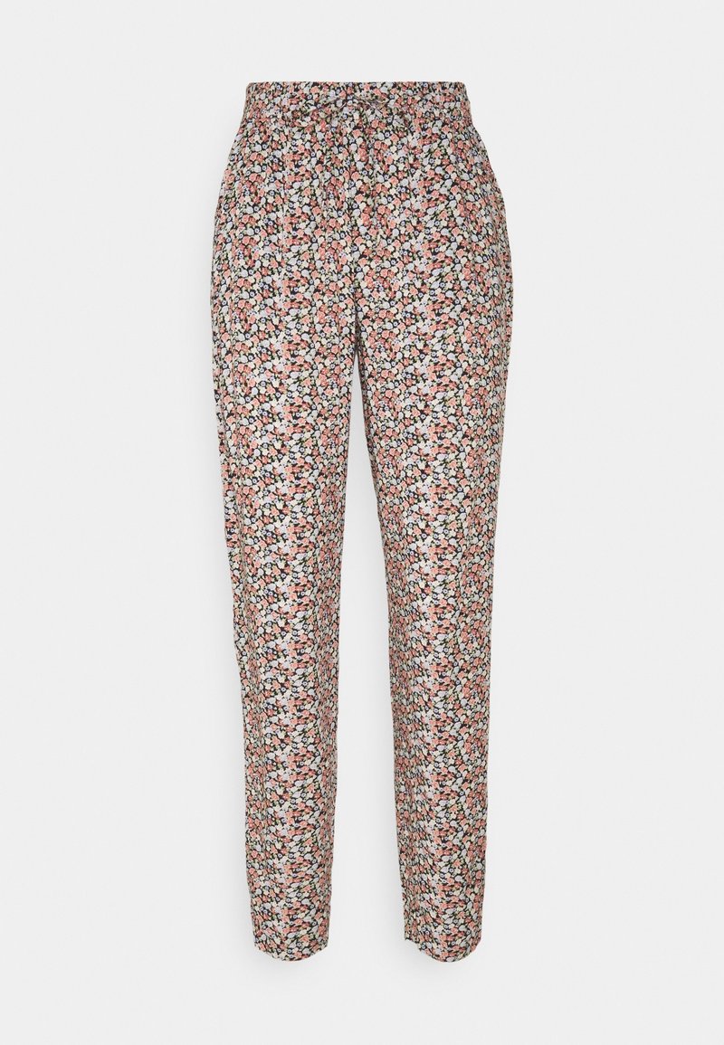 Pantalon taille élastique à jambes droites avec imprimé floral rose, blanc et noir sur fond clair.