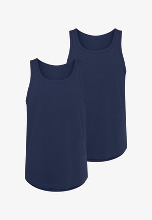 Deux débardeurs bleu marine en tissu doux et extensible. Chacun a un col rond et un ourlet droit. Design simple, sans motifs.
