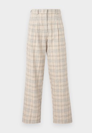 Pantalons à carreaux beiges avec des jambes larges, présentant un motif à carreaux subtil en bleu et marron. Fabriqués en tissu léger, avec des plis à la taille.