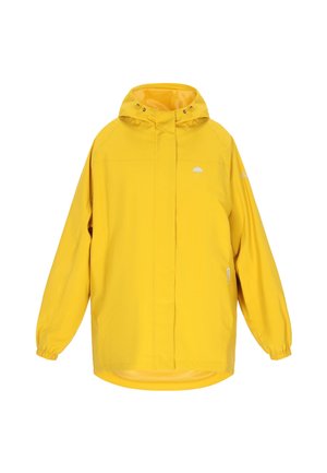 Giacca impermeabile gialla con cappuccio. Presenta polsini elasticizzati e una fodera interna in mesh. Logo iconico dell'ombrello sul petto.