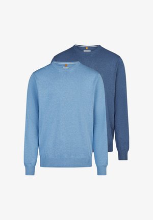 To ensfarvede crewneck-striktrøjer i lyseblå og mørkeblå, vist side om side på en hvid baggrund.
