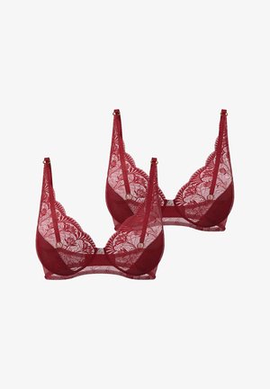 Reggiseni in pizzo rosso con motivo floreale, dotati di spalline regolabili e dettagli in metallo color oro. Realizzati in pizzo trasparente per un aspetto delicato.