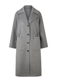 Grå uldfrakke med reverskrave, seks sorte knapper, to forlommer og en afslappet pasform. Tekstureret stof og længde til midt på læggen.