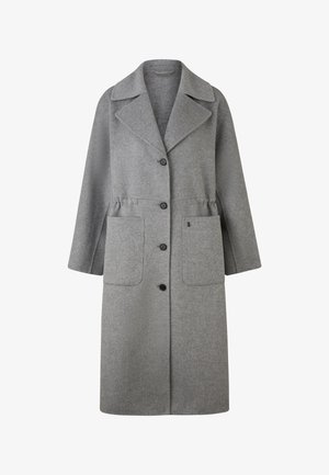 Grauer Wollmantel mit Reverskragen, sechs schwarzen Knöpfen, zwei Fronttaschen und einem lockeren Schnitt. Strukturierter Stoff und mittellange Länge bis zur Wade.