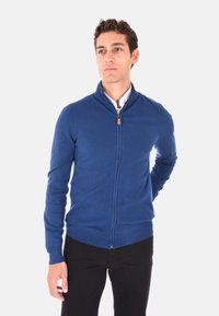Maglione blu con zip, dotato di colletto alto, polsini e orlo a coste, caratterizzato da una texture liscia e un piccolo tirazip in pelle.