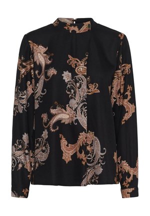 Zwarte blouse met lange mouwen, voorzien van een florale paisleyprint in tinten van goud en zilver. Hoge halslijn en subtiele knoopdetails op de rug.