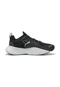 Czarne buty sportowe z teksturowaną siateczką na górze, szarymi akcentami, amortyzującą białą podeszwą i wyraźnym logo z boku.