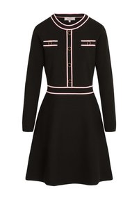 Abito nero con maniche lunghe, scollatura rotonda, rifiniture in rosa, due tasche frontali e dettagli con bottoni dorati. Forma a gonna svasata.