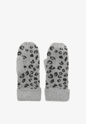 Gray knitted mittens featuring a black leopard print design, with a thick ribbed cuff for added warmth and texture.
