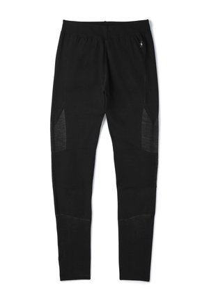 Sorte leggings lavet af strækbart stof med mesh-paneler på siderne og et tætsiddende design, der har en elastisk talje for komfort.
