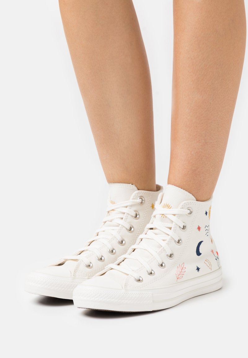 Personne portant des baskets hautes en toile blanche avec des broderies colorées de motifs célestes et végétaux, debout sur un fond blanc uni.