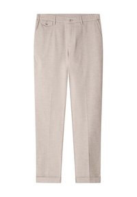 Beige tailored trousers featuring a flat front, two side pockets, and rolled cuffs. Made from a smooth, lightweight fabric.