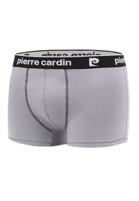 Boxer shorts en coton gris avec une taille élastique noire portant le logo "pierre cardin" en blanc, des coutures contrastées et une coupe ajustée.