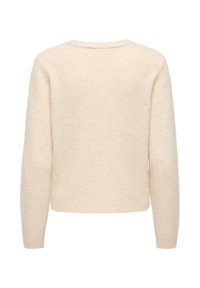 Μπεζ μακρυμάνικη πλεκτή μπλούζα με στρογγυλή λαιμόκοψη και ριμπ μανσέτες και τελείωμα, εμφανίζεται από πίσω.