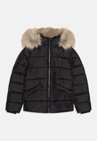 Black puffer jacket with a fur-trimmed hood, quilted design, zip closure, and two front pockets. Soft texture and shiny material.