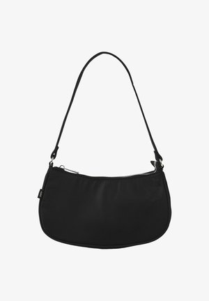 Black nylon shoulder bag with a curved shape, top zipper closure, and a single adjustable strap. Smooth texture and minimalistic design.