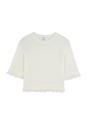 Top a maniche corte in maglia color crema con una finitura testurizzata. Presenta un orlo e maniche ondulati, che aggiungono dettagli delicati.