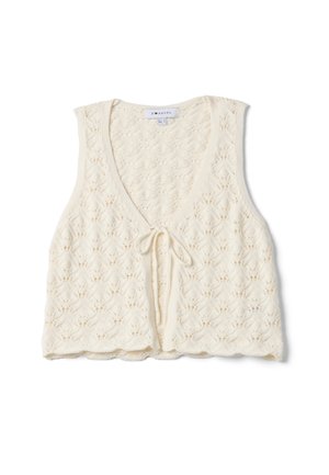 Crèmekleurig gebreid mouwloos vest met bloemenkantpatroon en sluiting met strik aan de voorkant, geschulpte zoom en V-hals.