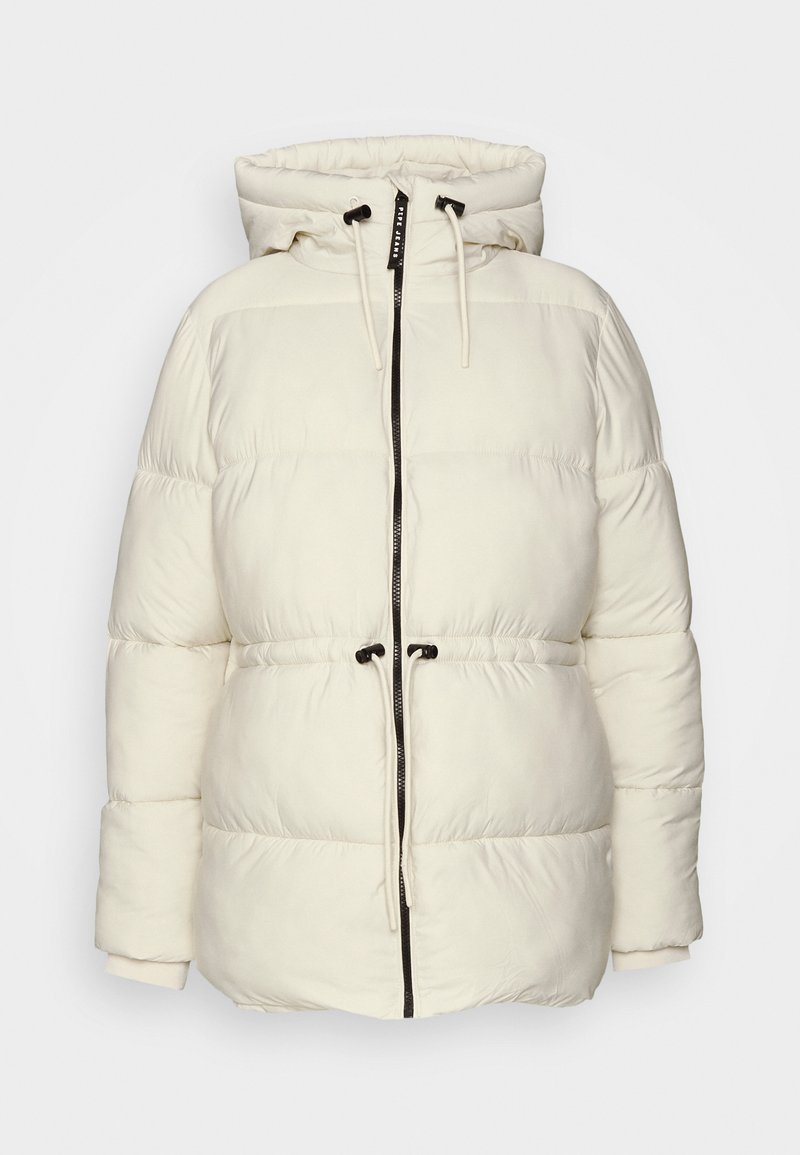 Chaqueta de invierno blanca y esponjosa con capucha, que cuenta con un cierre frontal, cordón ajustable en la cintura y puños elásticos.
