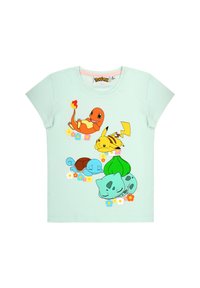 Light blue cotton t-shirt featuring cartoon Pokémon characters, including Charmander, Pikachu, Squirtle, and Bulbasaur, surrounded by floral designs.