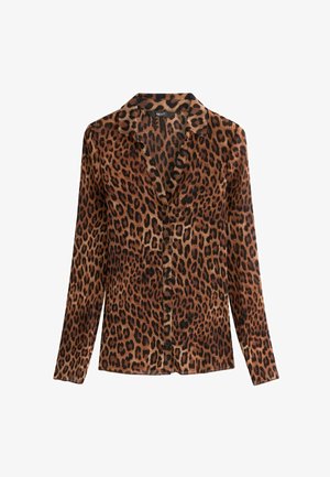 Leopard print button-up shirt made from lightweight fabric, featuring a collar, long sleeves, and a textured surface with black buttons.