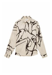 Camisa de manga larga con botones en lino beige con un patrón floral en marrón oscuro, que cuenta con un cuello clásico y puños abotonados.