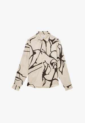 Lange mouw button-up shirt van beige linnen met een donkerbruine bloemenprint, met een klassieke kraag en met knopen te sluiten manchetten.