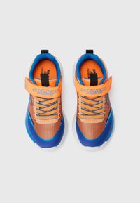 Blue and orange sneakers with a mesh upper, striped pattern, elastic laces, and Velcro strap. Features a white rubber sole and branding logo.