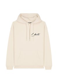 Felpa color crema realizzata in morbido tessuto, con tasca frontale e testo scritto a mano in nero "liberté" sulla parte sinistra del petto.