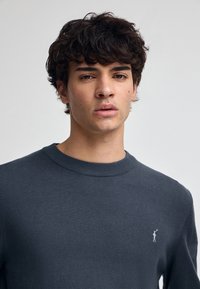 Pull gris foncé avec un col rond, des bords côtes et un petit logo sur la poitrine gauche. Texture en maille lisse, coupe décontractée.