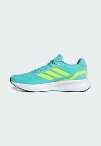 Turquoise running shoe with black outsole, accented by yellow stripes and detailing. Lightweight mesh upper, lace-up design, and padded collar.