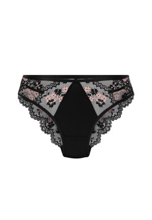 Zwarte slip met een bloemenkant ontwerp en roze accenten. De elastische tailleband en de gegolfde randen verbeteren het algemene patroon en de textuur.