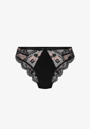 Zwarte slip met een bloemenkant ontwerp en roze accenten. De elastische tailleband en de gegolfde randen verbeteren het algemene patroon en de textuur.