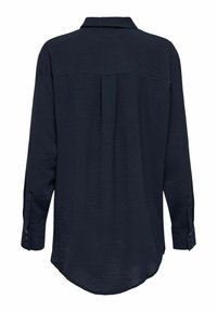 Dark navy long-sleeve blouse with a textured fabric, a collar, a back yoke, and buttoned cuffs. Rounded hem and relaxed fit.