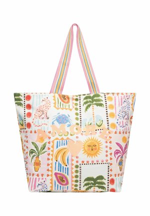 Sac fourre-tout avec imprimé tropical coloré, comprenant des palmiers, le soleil, des fruits, des animaux, et le texte "A.M.O.R.E" avec un cœur, anses rayées roses.