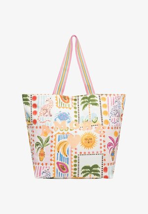 Tote bag met kleurrijke tropische print, waaronder palmbomen, zon, fruit, dieren en de tekst "A.M.O.R.E" met hartje, gestreepte roze handvaten.